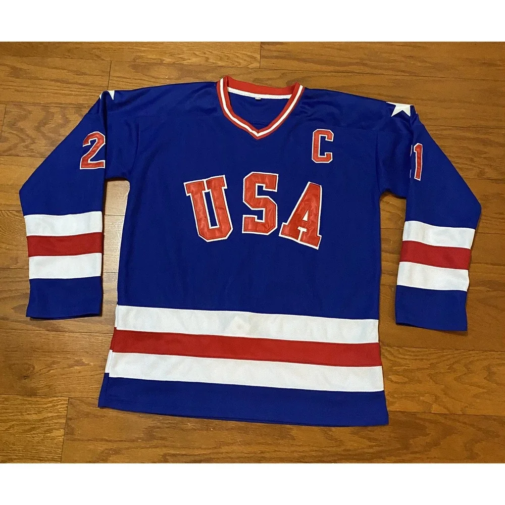Miracle On Ice Team USA 1980 Winter Olympics Mike Eruzione 21 Hockey Blue Jersey